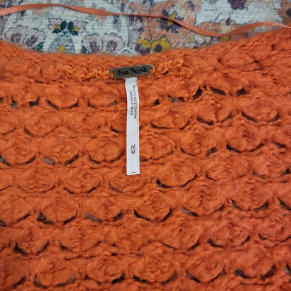 FREE PEOPLE Size M Crashing Waves Orange Open Knit Sweater Plunging Neckline - Picture 4 of 9